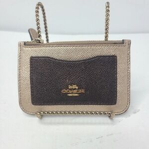 Coach Zip Card Case Small Signature Color Block Coated Canvas Brown Gold